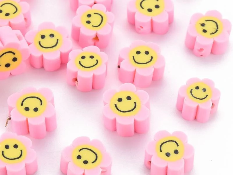 Lot de 20 perles en pâte polymère - Fleur émoticône - Rose perle
