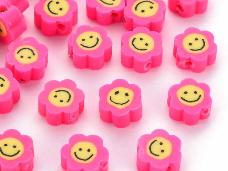 Lot de 20 perles en pâte polymère - fleur émoticône - Rose foncé