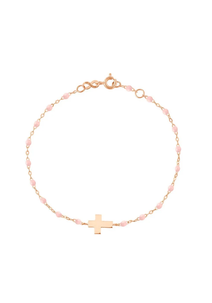 Bracelet Croix Or Rose Et Résines Rose Bébé 17cm
