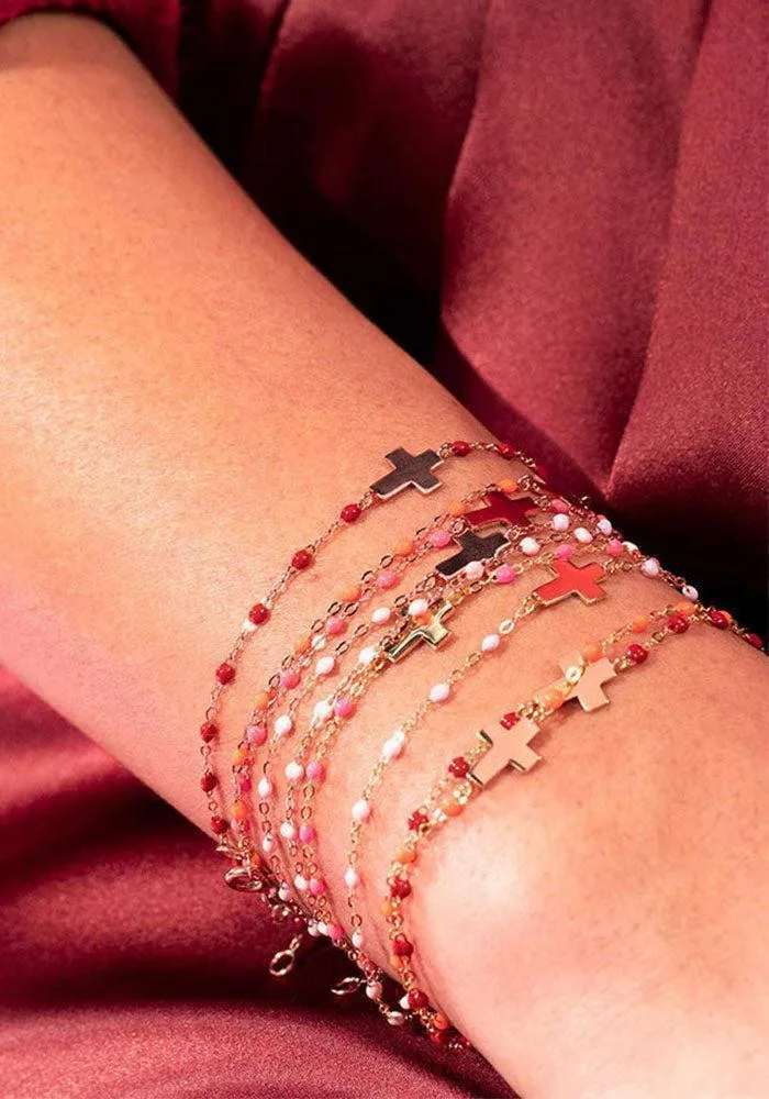 Bracelet Croix Or Rose Et Résines Rose Bébé 17cm