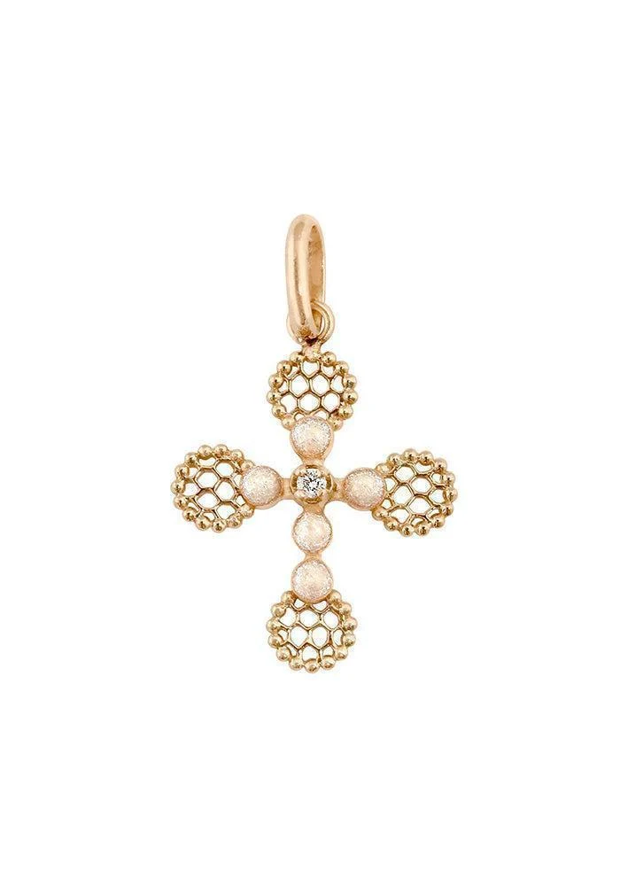 Pendentif Croix Dentelle Perlée Or Rose Diamant Et Résine Opale