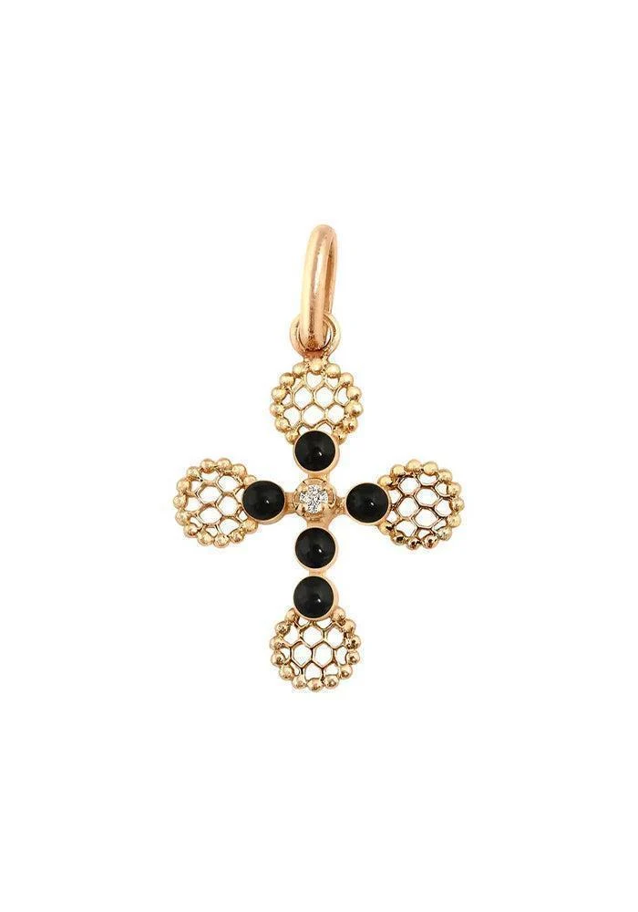 Pendentif Croix Dentelle Perlée Or Rose Diamant Et Résine Noir