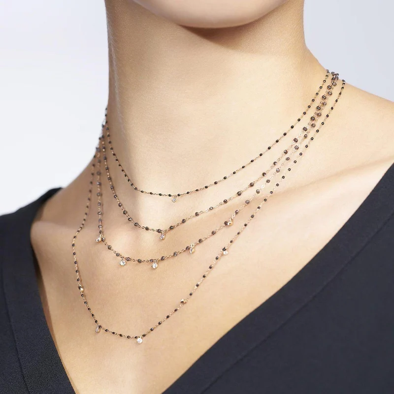 Collier Mini Gigi Or Rose Diamant Et Résines Noir 40cm