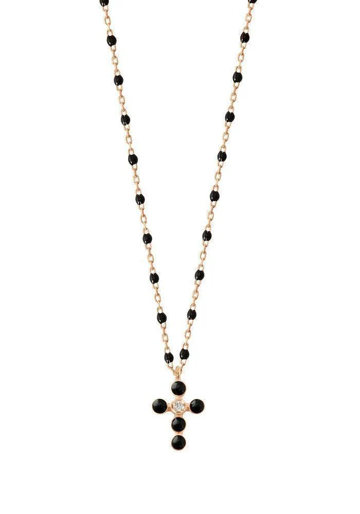 Collier Mini Gigi Croix Perlée Or Rose Diamant Et Résine Noir 42cm