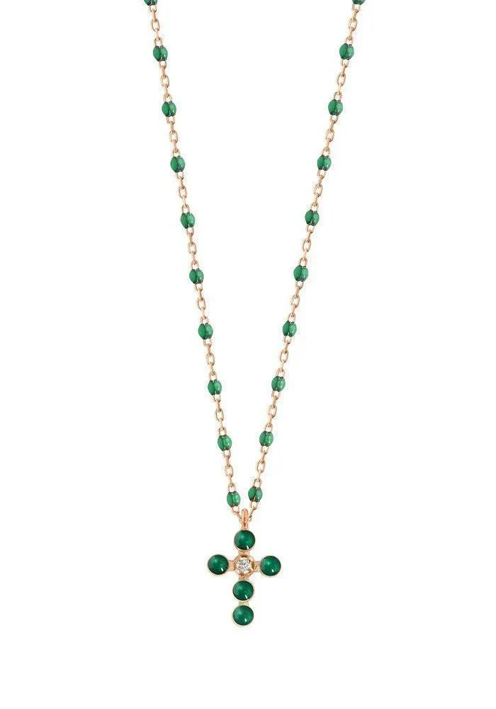 Collier Mini Gigi Croix Perlée Or Rose Diamant Et Résine Emeraude 42cm