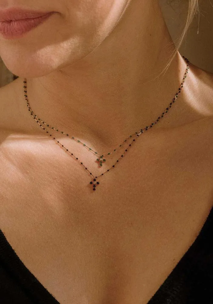 Collier Mini Gigi Croix Perlée Or Rose Diamant Et Résine Emeraude 42cm