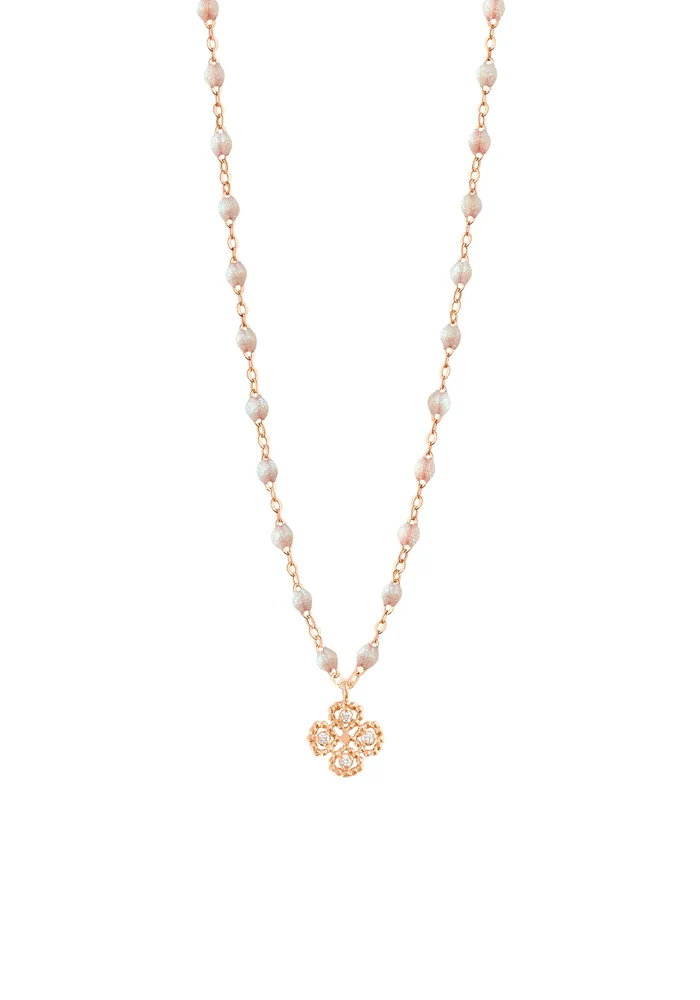 Collier Lucky Trèfle Diamants Or Rose Et Résine Opale 42cm