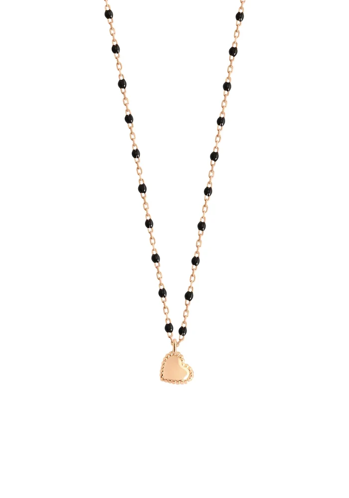 Collier Lucky Coeur Or Rose Et Résine Noir 42cm