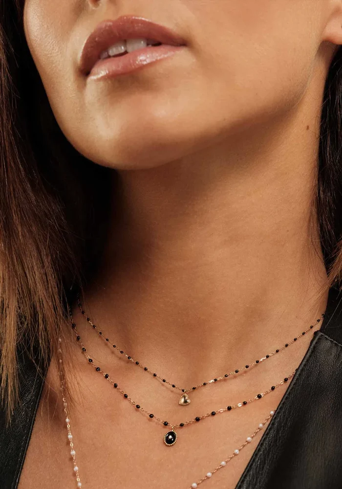 Collier Lucky Coeur Or Rose Et Résine Noir 42cm