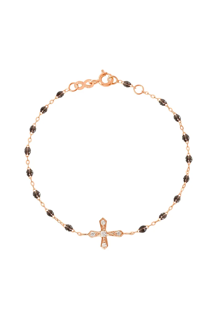 Bracelet Croix Vintage Diamants Or Rose Et Résine Quartz 17 cm