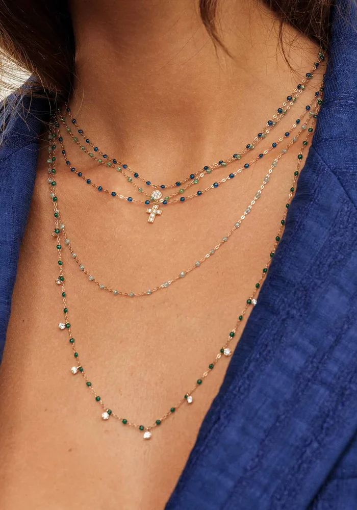 Sautoir Classique Gigi Or Rose Et Résines Aqua 86cm