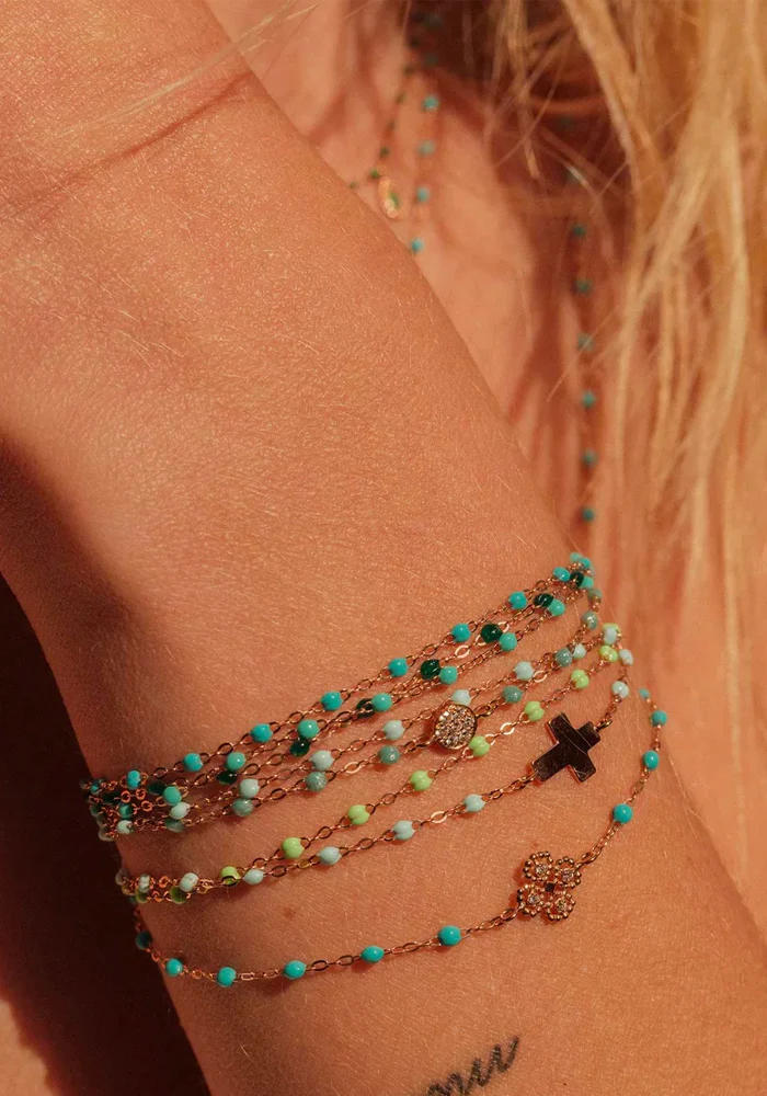 Bracelet Classique Gigi Or Rose Et Résines Turquoise Vert 15cm