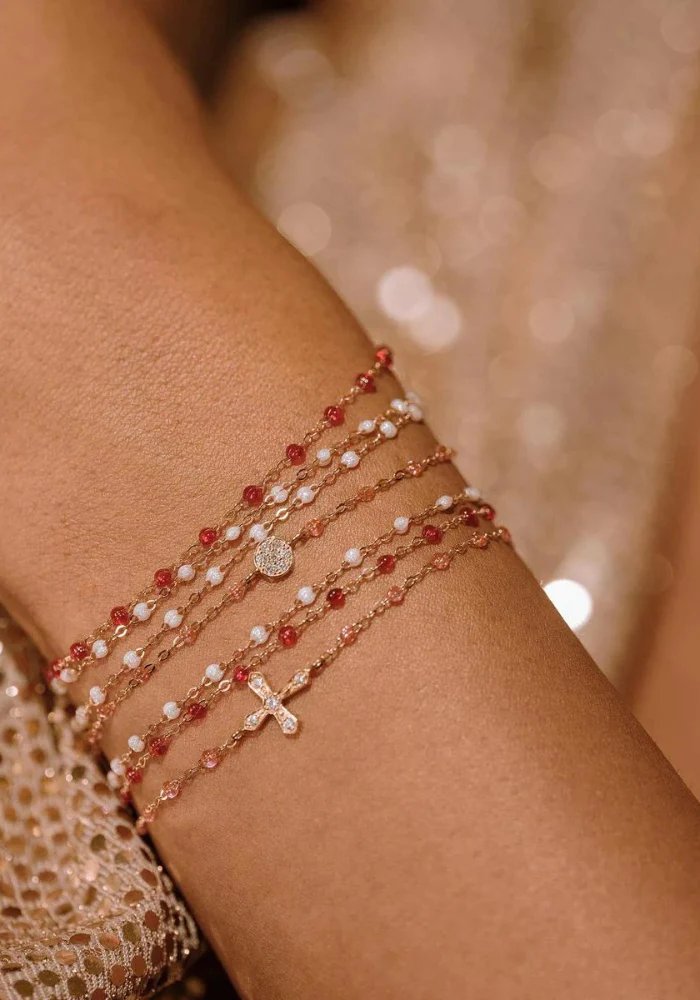 Bracelet Puce Diamants Or Rose Et Résine Rosée 17cm