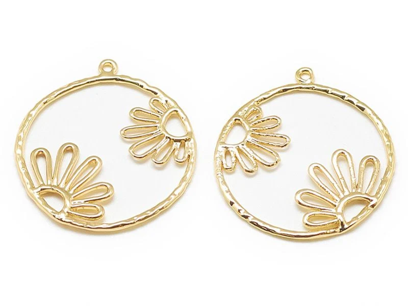Pendentif cercle avec fleur - doré à l'or fin 18k - 27,5 mm