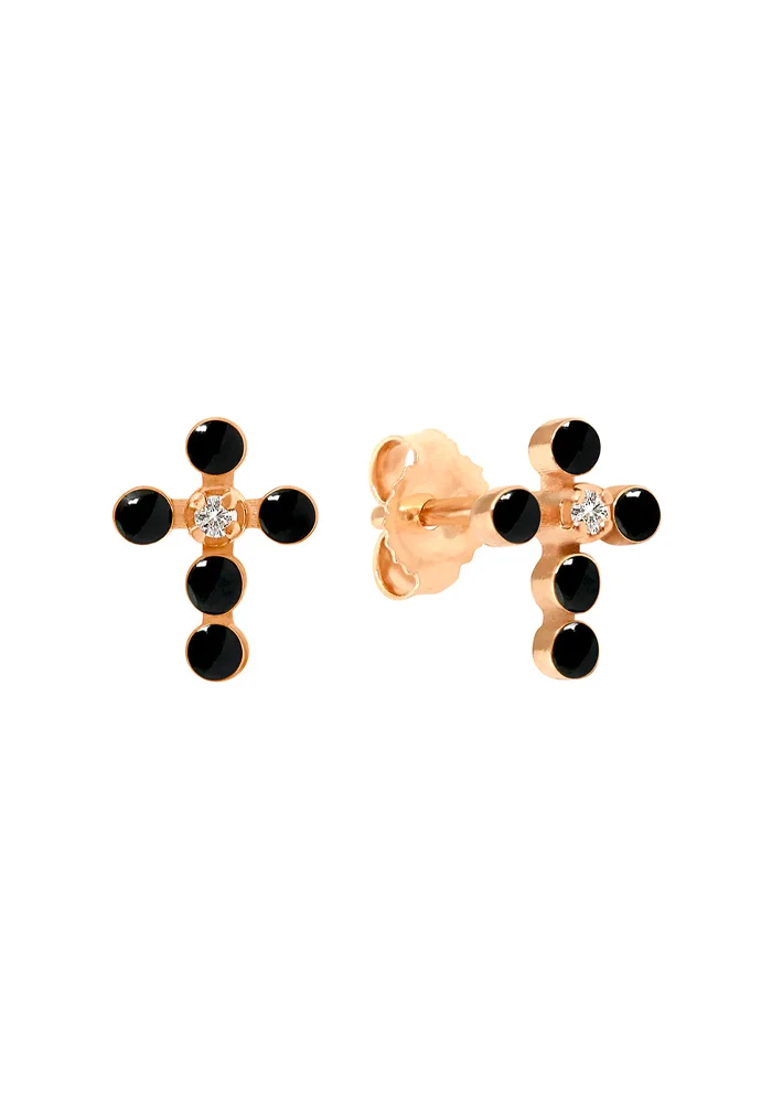 Boucles D'Oreilles Croix Perlée Or Rose Et Résine Noire