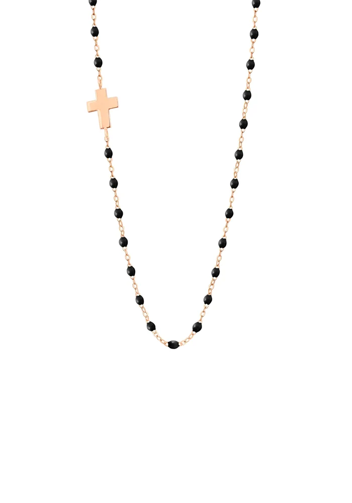 Collier Croix Côté Or Rose Et Résine Noire 42cm