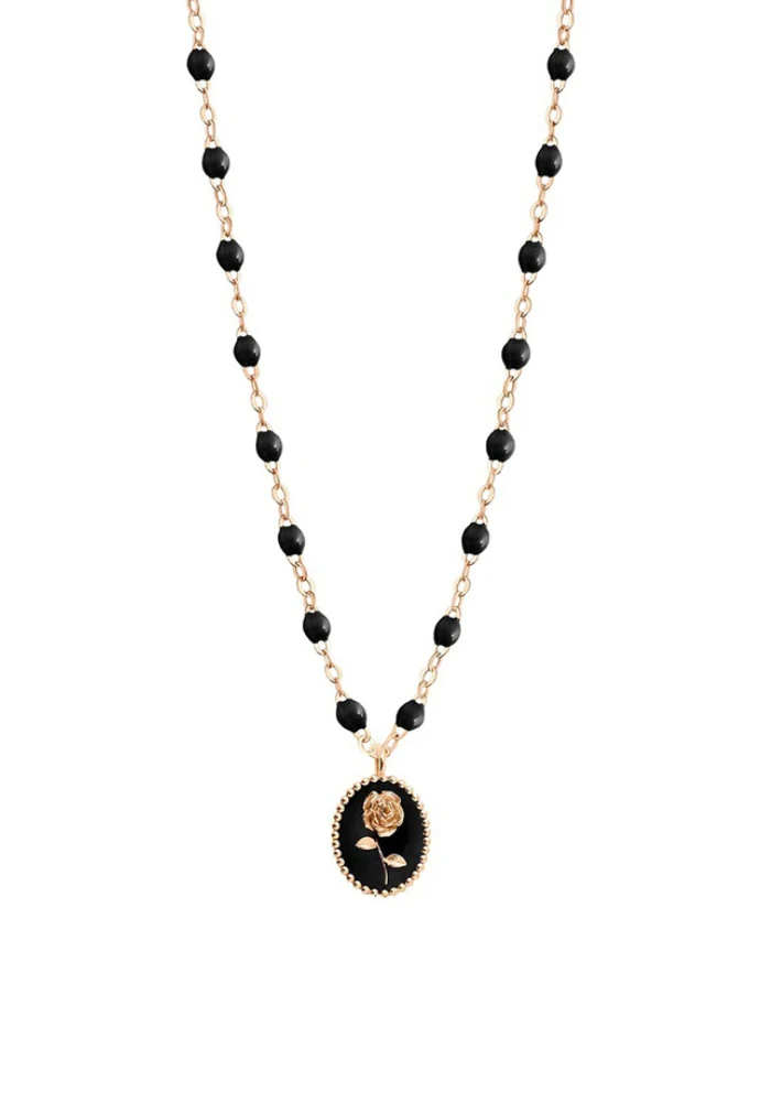 Collier Rose Or Rose Et Résines Noir 42cm