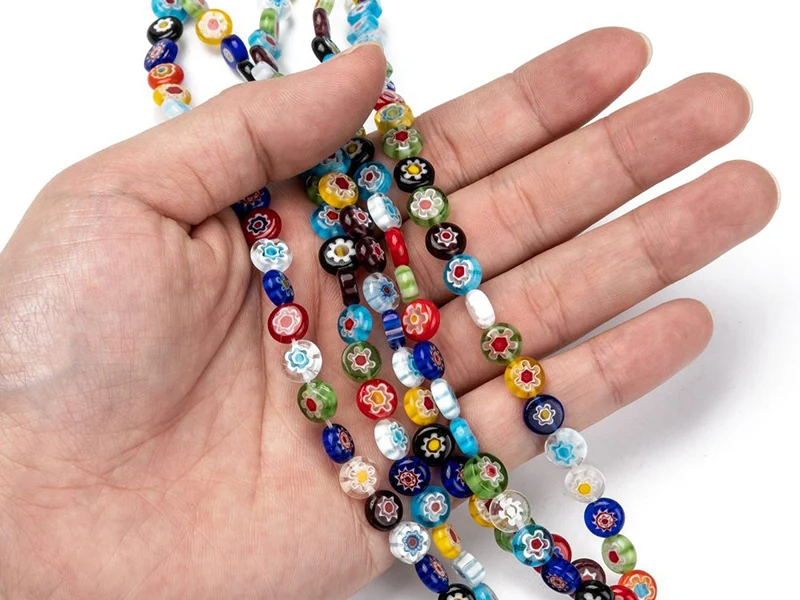 20 perles millefiori en verre - rond plat - 8x3 mm