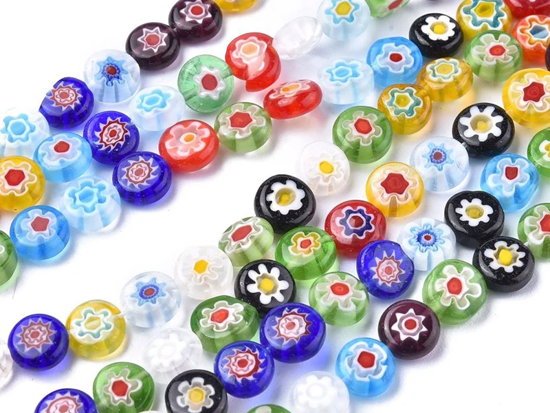 20 perles millefiori en verre - rond plat - 8x3 mm