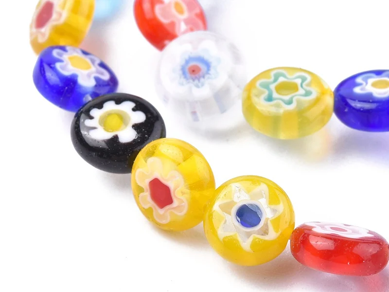 20 perles millefiori en verre - rond plat - 8x3 mm