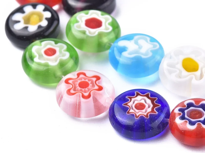 20 perles millefiori en verre - rond plat - 10x4 mm
