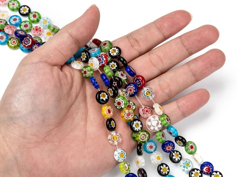 20 perles millefiori en verre - rond plat - 10x4 mm