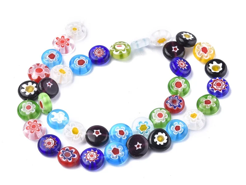 20 perles millefiori en verre - rond plat - 10x4 mm