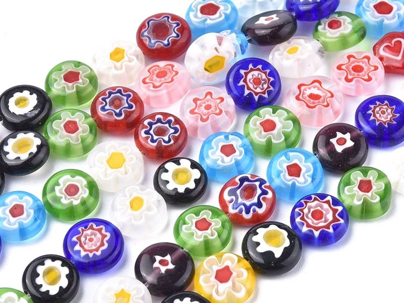 20 perles millefiori en verre - rond plat - 10x4 mm