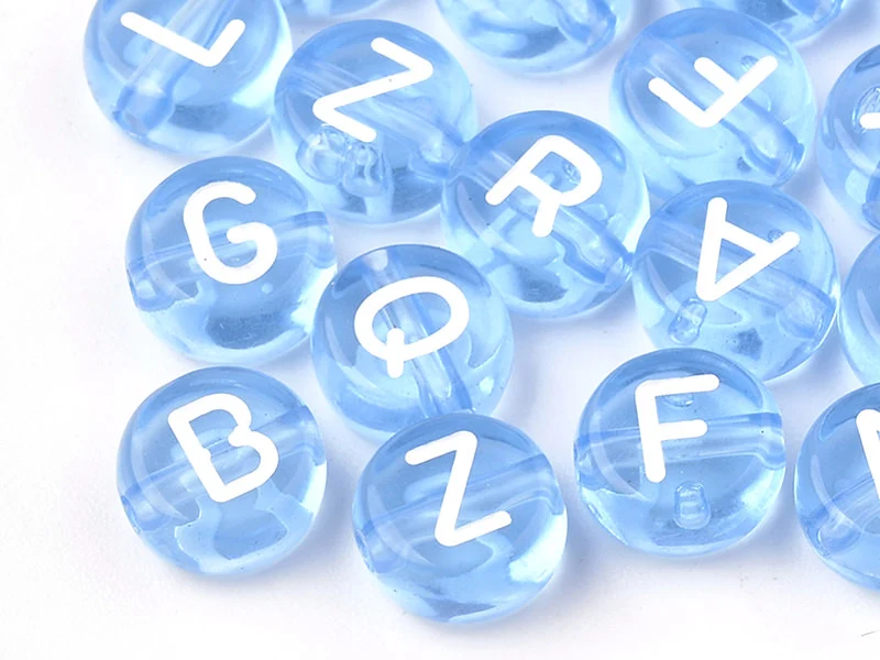 200 perles rondes en plastique - lettres alphabet - bleu claur transparent - 7 mm