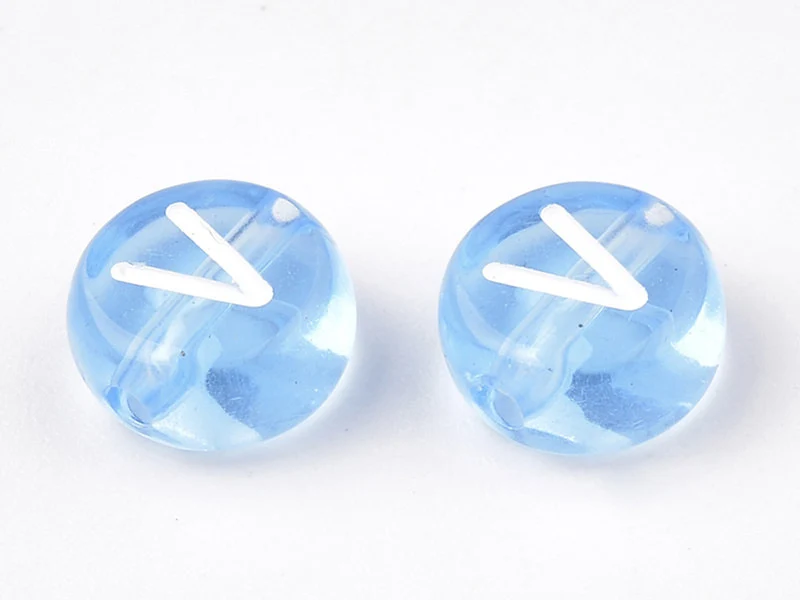 200 perles rondes en plastique - lettres alphabet - bleu claur transparent - 7 mm