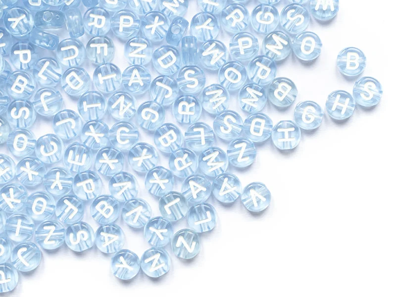 200 perles rondes en plastique - lettres alphabet - bleu claur transparent - 7 mm