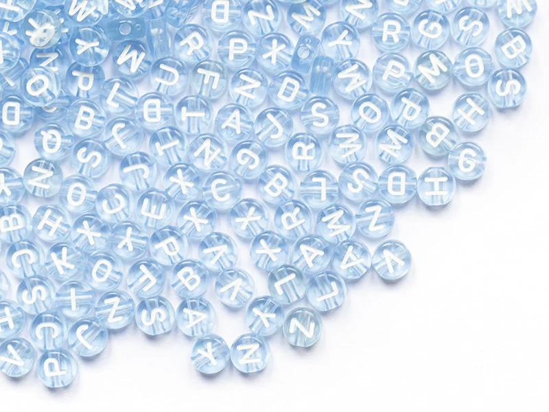 200 perles rondes en plastique - lettres alphabet - bleu claur transparent - 7 mm