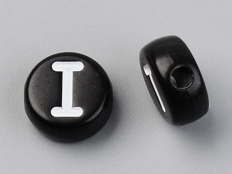 200 perles rondes en plastique - lettres alphabet - noir et blanc - 7 mm