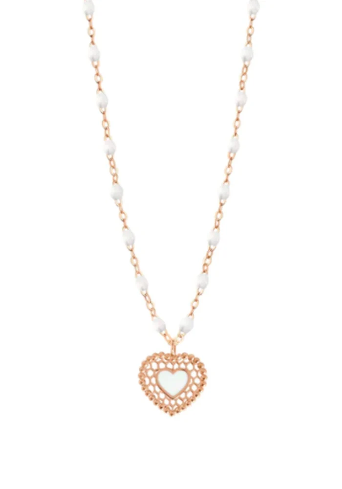 Collier Coeur Dentelle Or Rose Et Résines Blanc 42cm