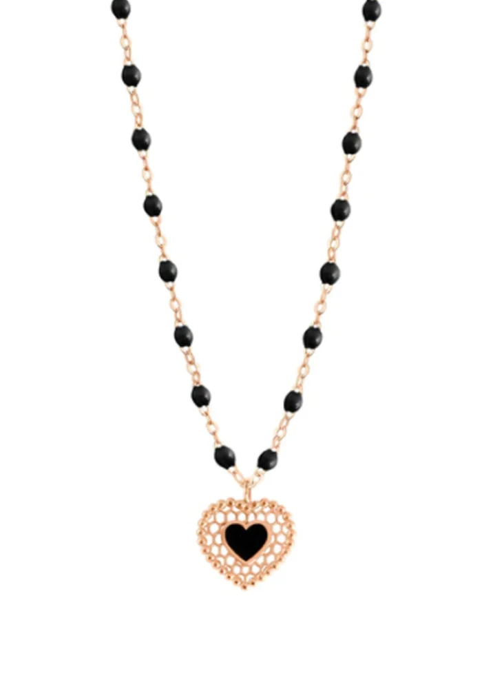 Collier Coeur Dentelle Or Rose Et Résines Noires 42cm
