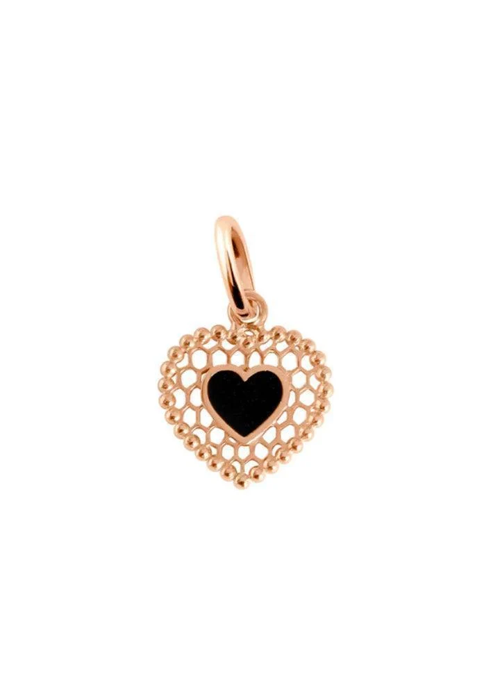 Pendentif Coeur Dentelle Or Rose Résine Noire