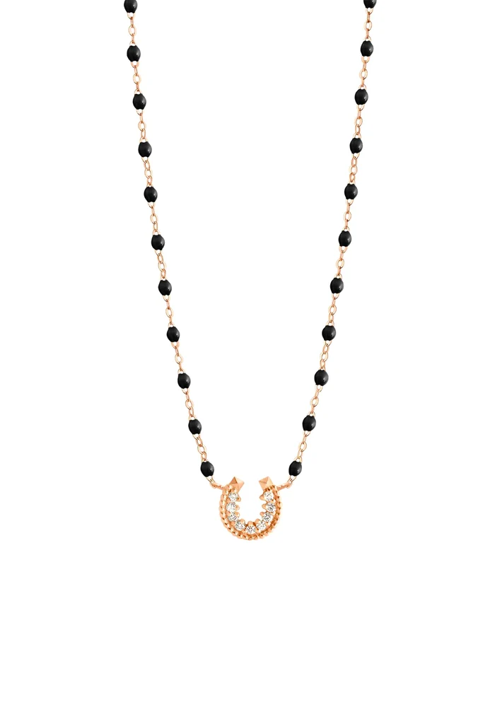 Collier Fer A Cheval Or Rose Diamant Et Résines Noir 42cm