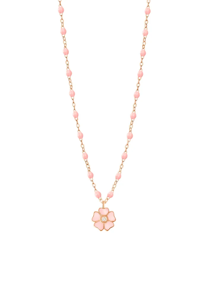 Collier Fleur Or Rose Diamant Et Résines Rose Bébé 42cm