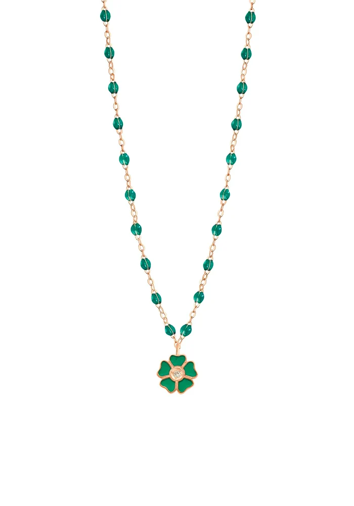 Collier Fleur Or Rose Diamant Et Résines Vert Émeraude 42cm