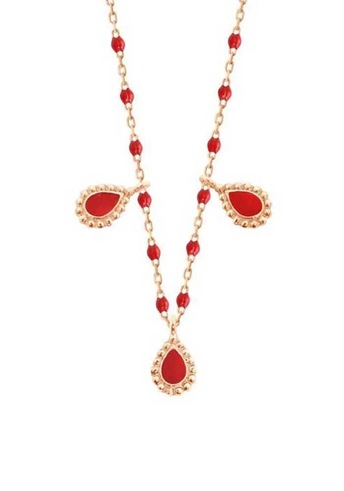 Collier Lucky Cashmere Or Rose Et Résines Coquelicot 42cm