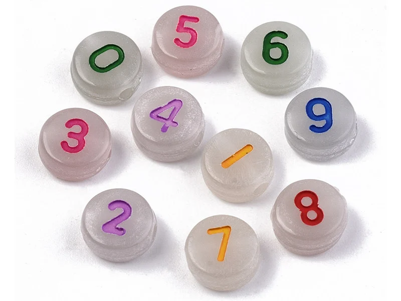 200 perles rondes en plastique - chiffres et numéros - phosphorescent et multicolore - 7 mm