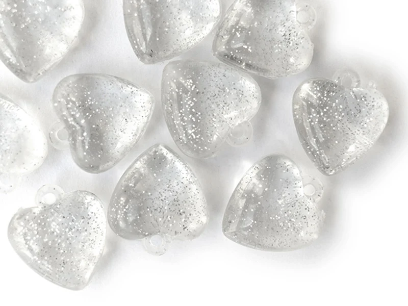 10 perles en plastique - coeur transparents à paillettes - 22 mm