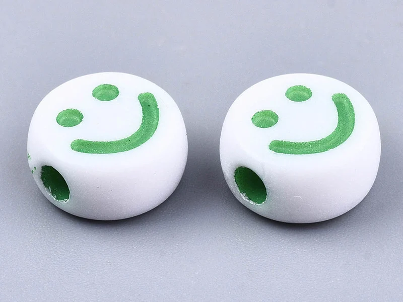 20 perles en plastique rondes symbole sourire - blanc et multicolore - 7 mm