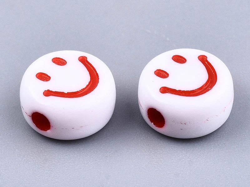 20 perles en plastique rondes symbole sourire - blanc et multicolore - 7 mm