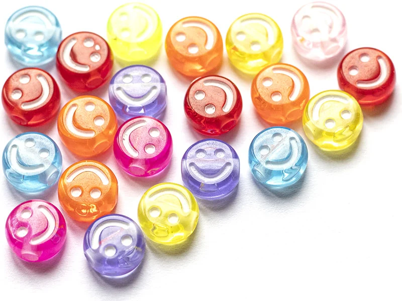 20 perles en plastique rondes symbole sourire -multicolore - 10 mm