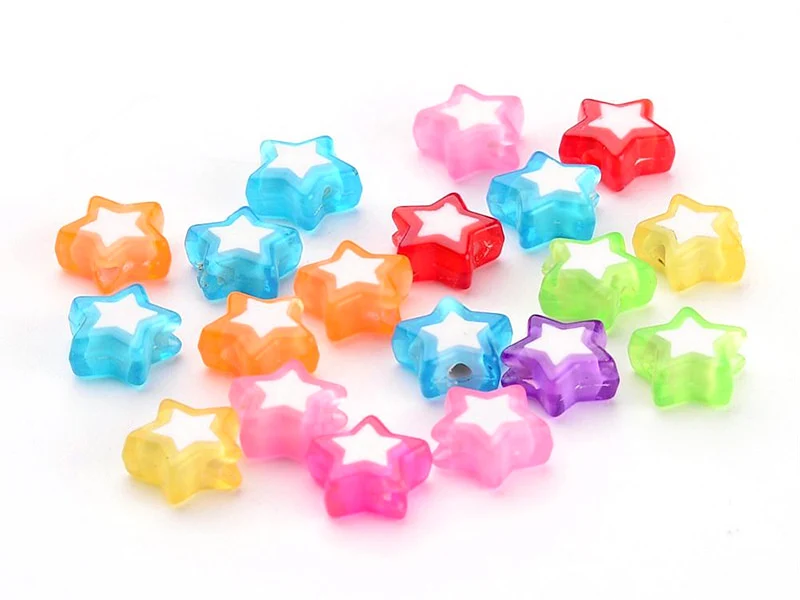 50 perles en plastique étoiles - transparent et blanc - 9x10 mm