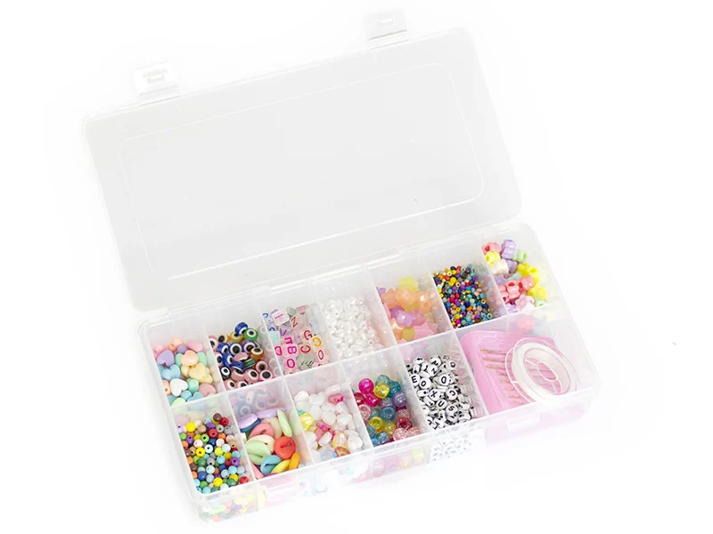 Boite valisette d'assortiment de 12 types de perles en plastique, fil et aiguilles