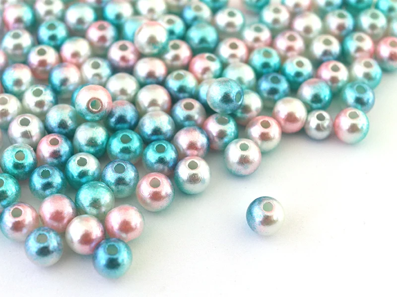 100 perles en plastique rondes imitation perles de culture - 6 mm - dégradé bleu et rose