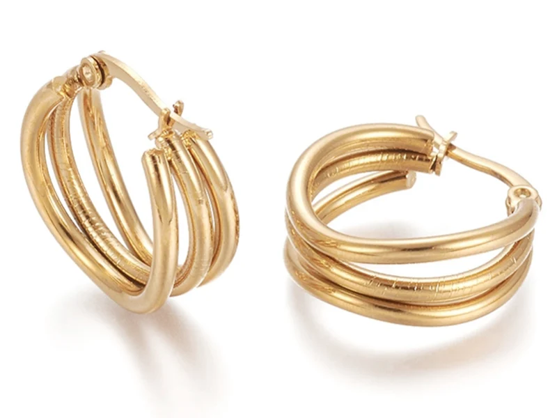 Paire de boucles d'oreilles créoles multi fils - en acier inoxydable doré- 20 mm