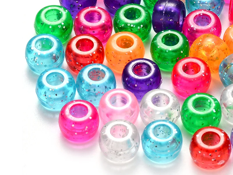 100 perles en plastiques basiques pour enfants - multicolore à paillettes - 9x6 mm